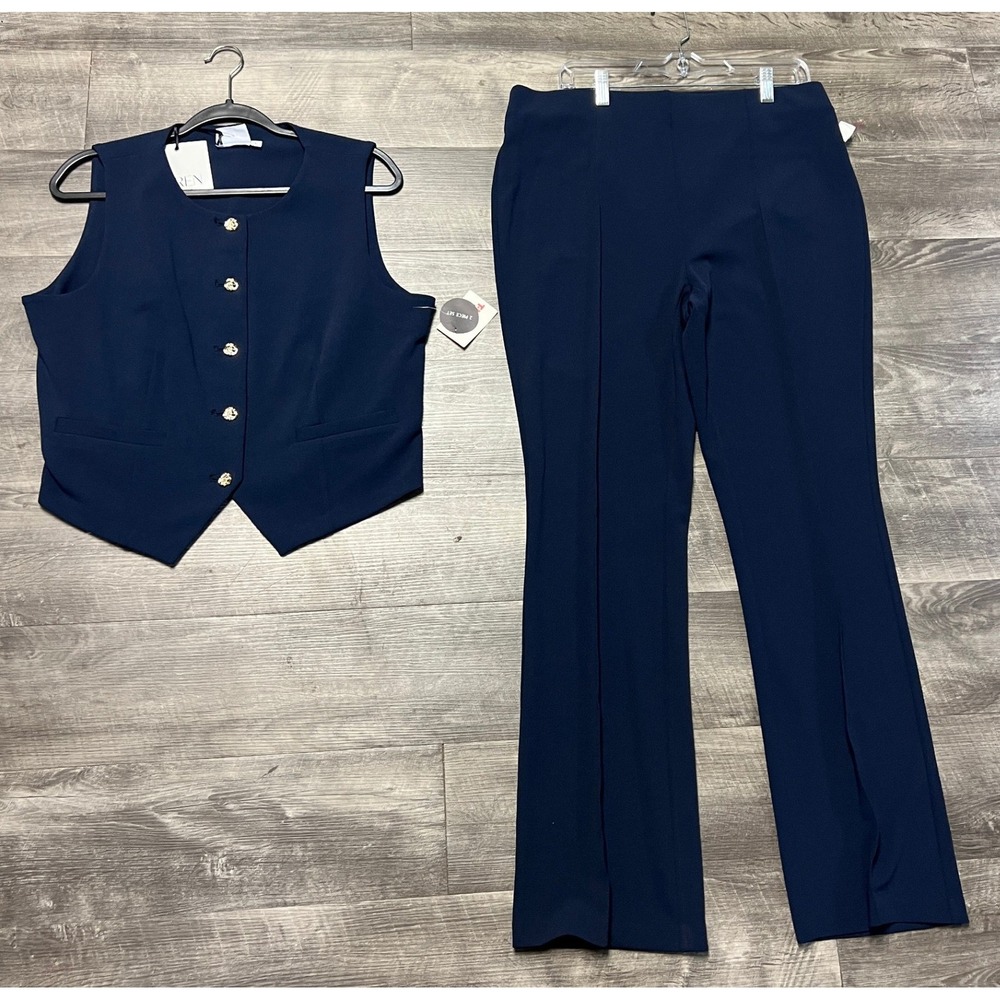 Wren New York Vest Suit Womens Sz L Navy Blue Vest and Bootcut Pant Set NWT